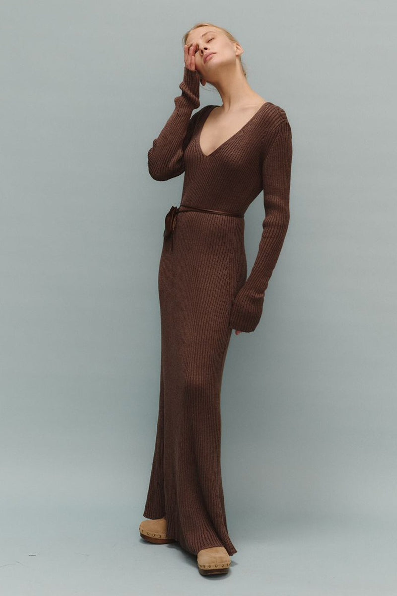 Knit Bodycon V Neck Maxi Dress