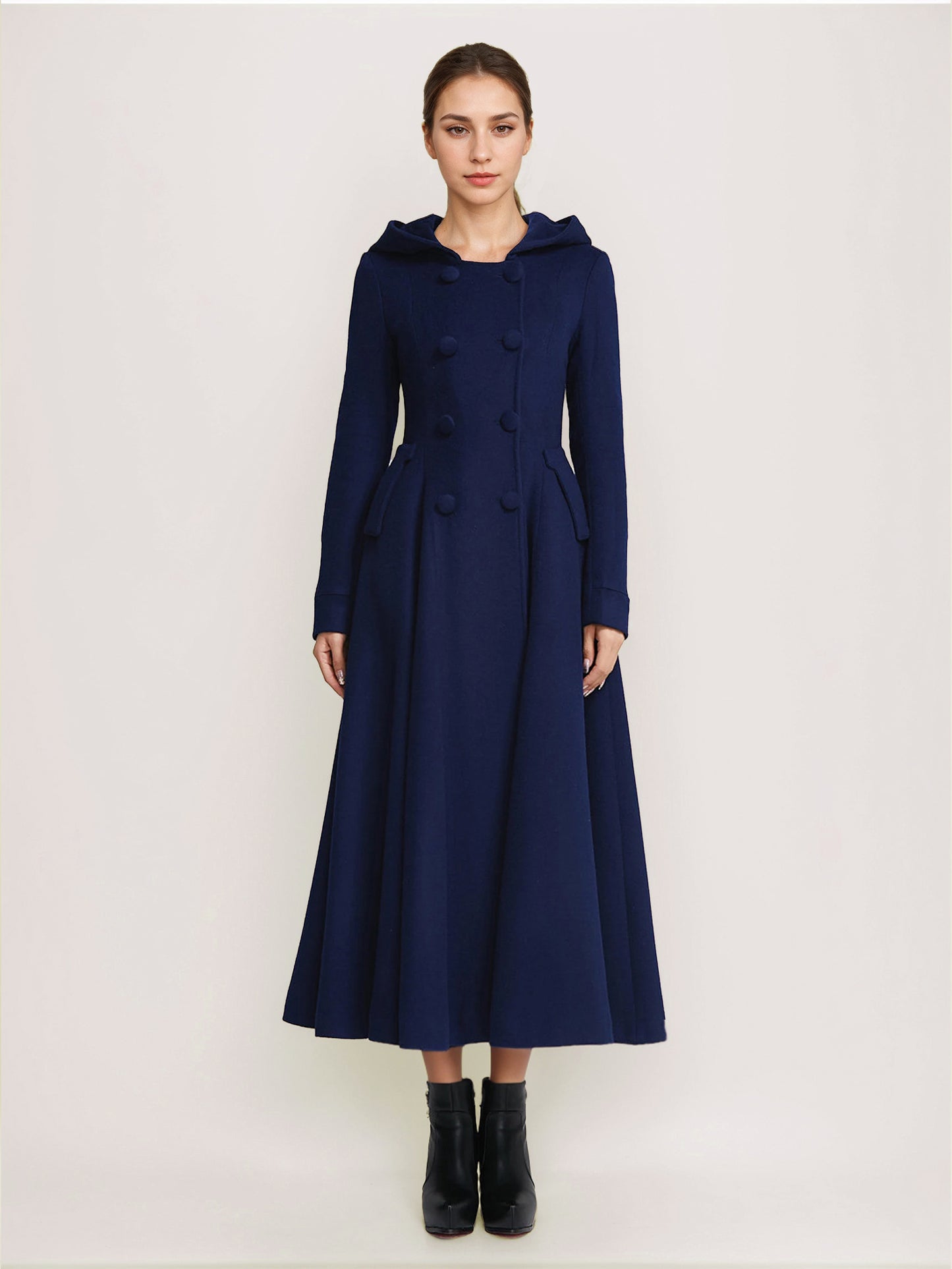 Woolen Flared Coat With Hood Dark Navy Double-breasted Elegant A-line Winter Long Outerwear For Women 2026