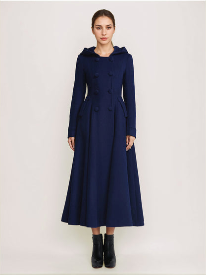 Woolen Flared Coat With Hood Dark Navy Double-breasted Elegant A-line Winter Long Outerwear For Women 2026