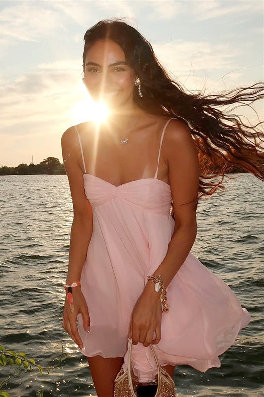 Chiffon Gathered Sweetheart Spaghetti Strap Lettuce Hem Babydoll Mini Dress