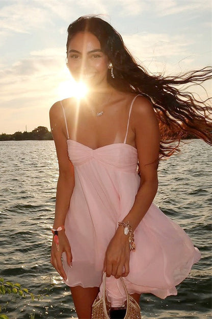 Chiffon Gathered Sweetheart Spaghetti Strap Lettuce Hem Babydoll Mini Dress