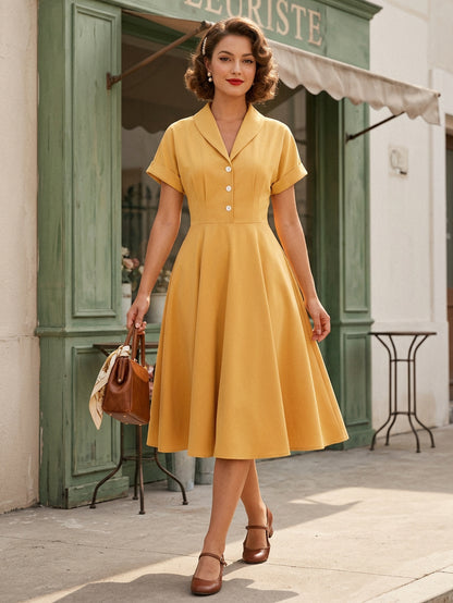 Vintage Glamour Dress Turndown Collar Buttons 1950s Style Short Sleeves Medium Yellow Rockabilly Dress