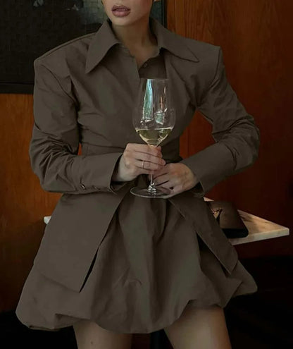 Brown Nylon Lapel Mini Skirt Office Two Piece Set