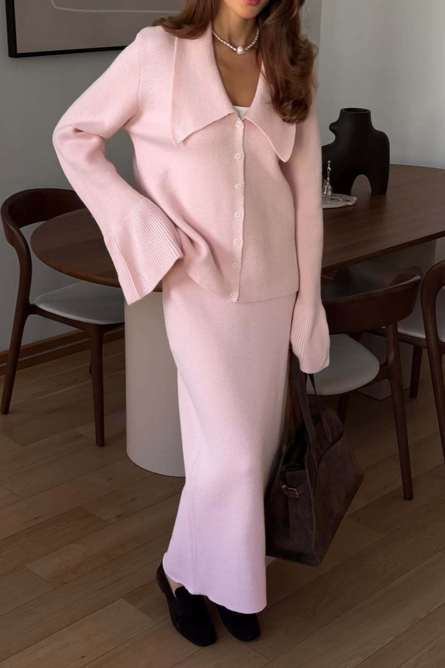 Bell-Sleeve Pink Polo Collar Cardigan Straight Skirt Two Piece Set