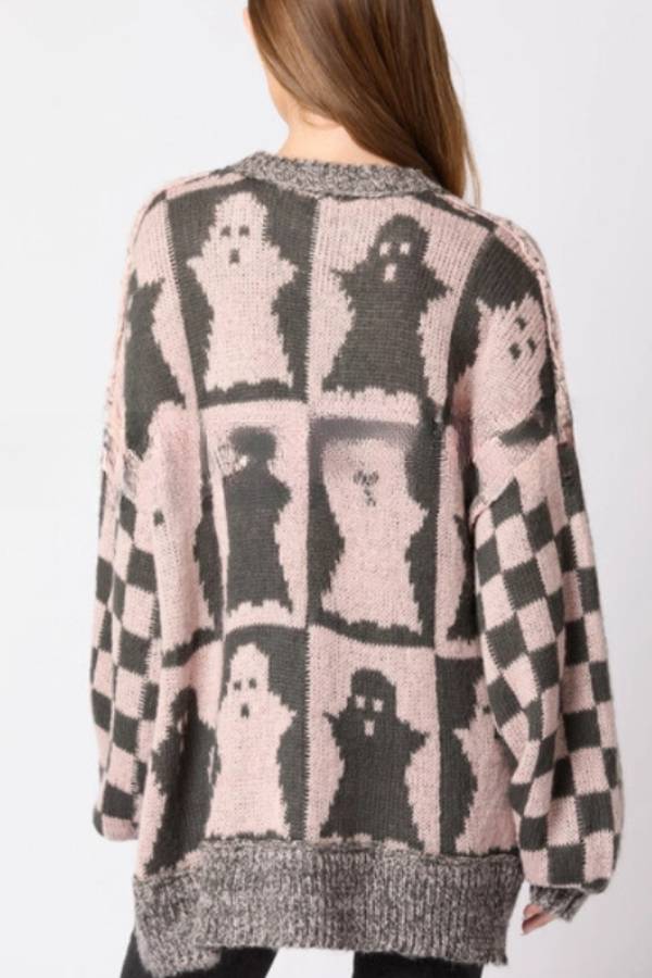 Halloween Ghost Plaid Crew Neck Sweater