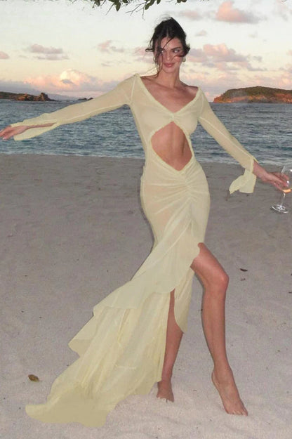 Deep V-Neck Center Cutout Long Sleeve Tie Cuff High Slit Ruffled Tiered Mesh Maxi Dress