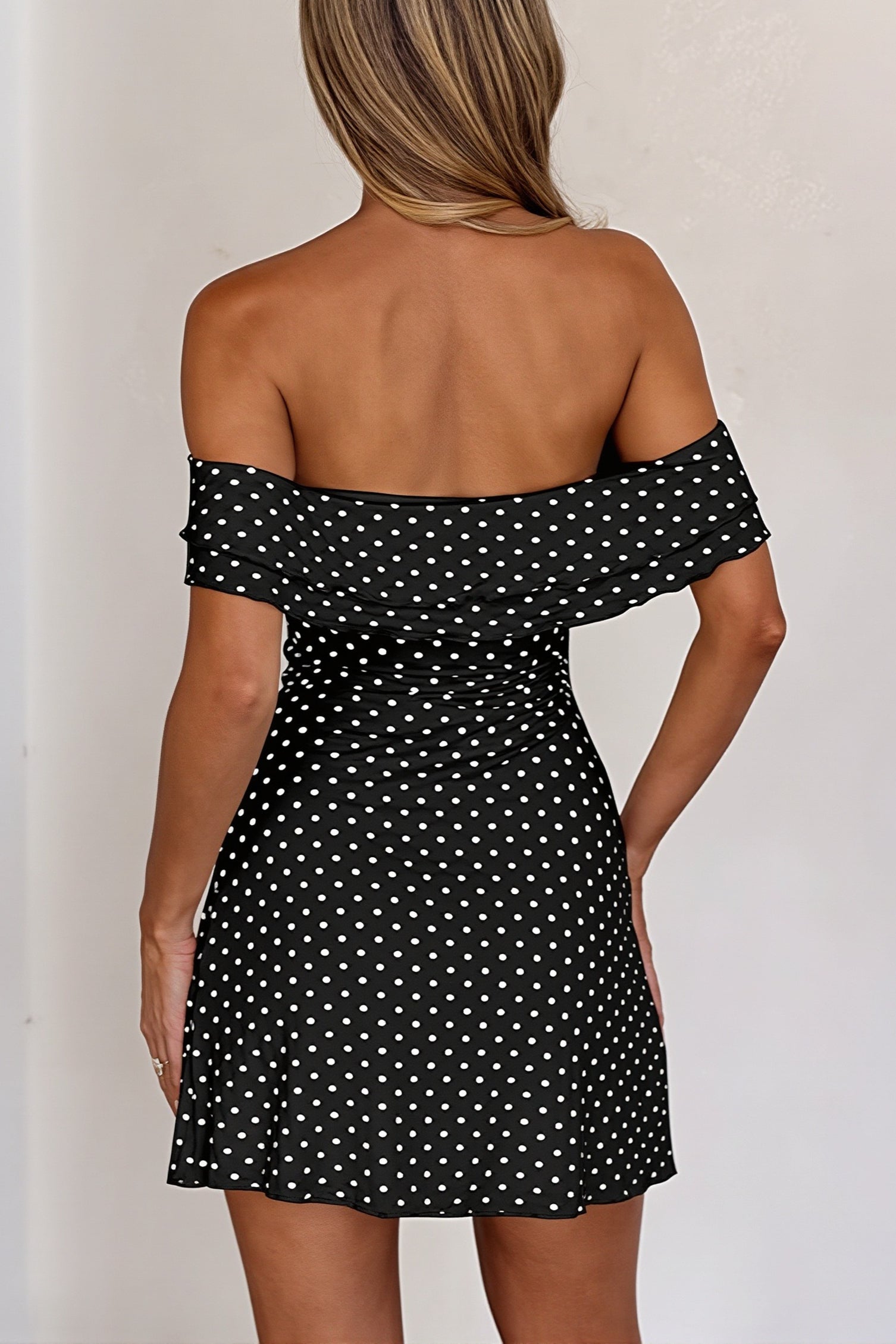 Polka Dot Off-Shoulder Twisted Sweetheart Ruffle Sleeve Bodycon Mini Dress