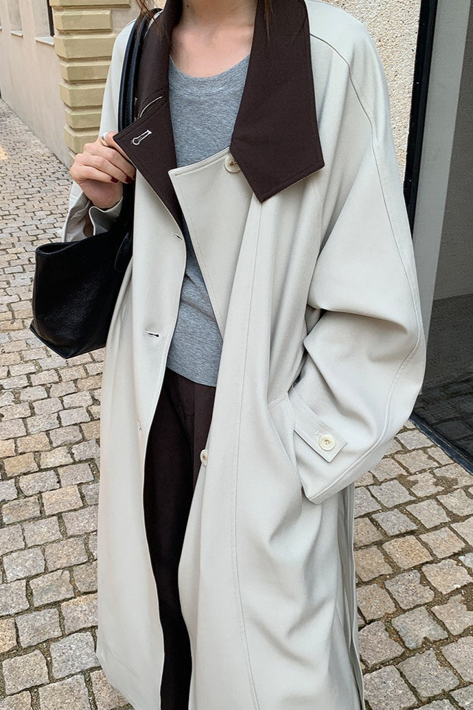 THE MIND British Style Contrast-Collar Long Overcoat