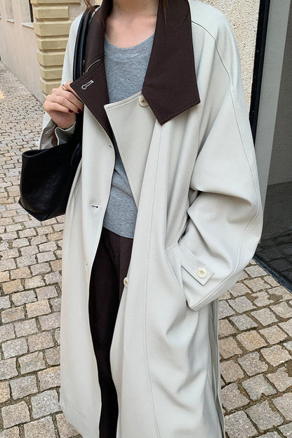 THE MIND British Style Contrast-Collar Long Overcoat