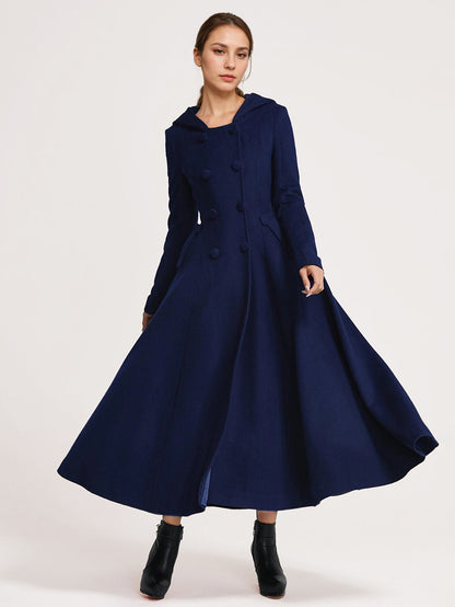 Woolen Flared Coat With Hood Dark Navy Double-breasted Elegant A-line Winter Long Outerwear For Women 2026
