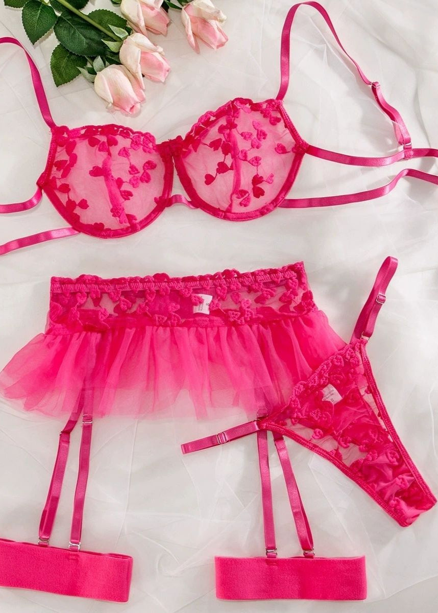 Cherry Bloom Lingerie Set – Sheer Embroidered Bra with Tulle Skirt & Garter