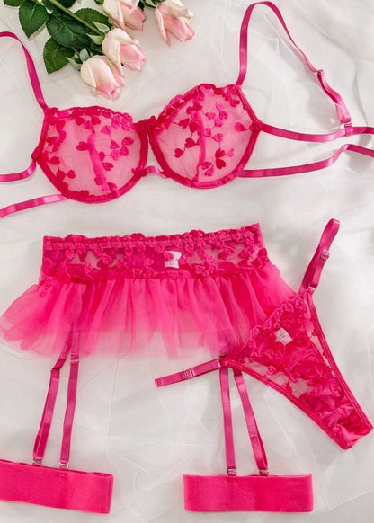 Cherry Bloom Lingerie Set – Sheer Embroidered Bra with Tulle Skirt & Garter