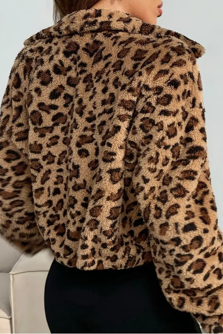 Elegant Leopard Print Hooded Zip-Up Coat