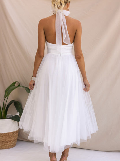 Tulle Midi Dress Halter Pleated Empire Waist Open Back Elegant Prom Dresses