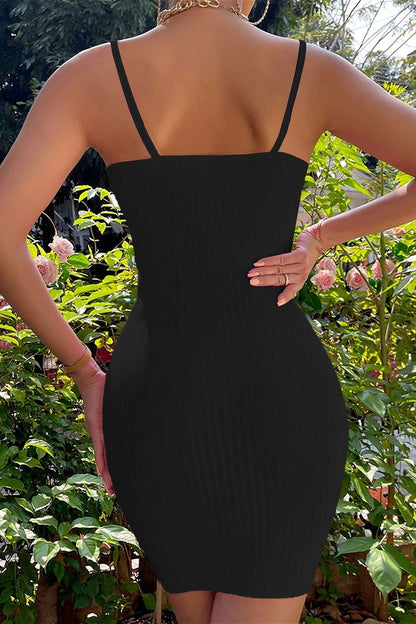 Ribbed Knit Tie-Front Keyhole Ruffle Neck Spaghetti Strap Mini Dress