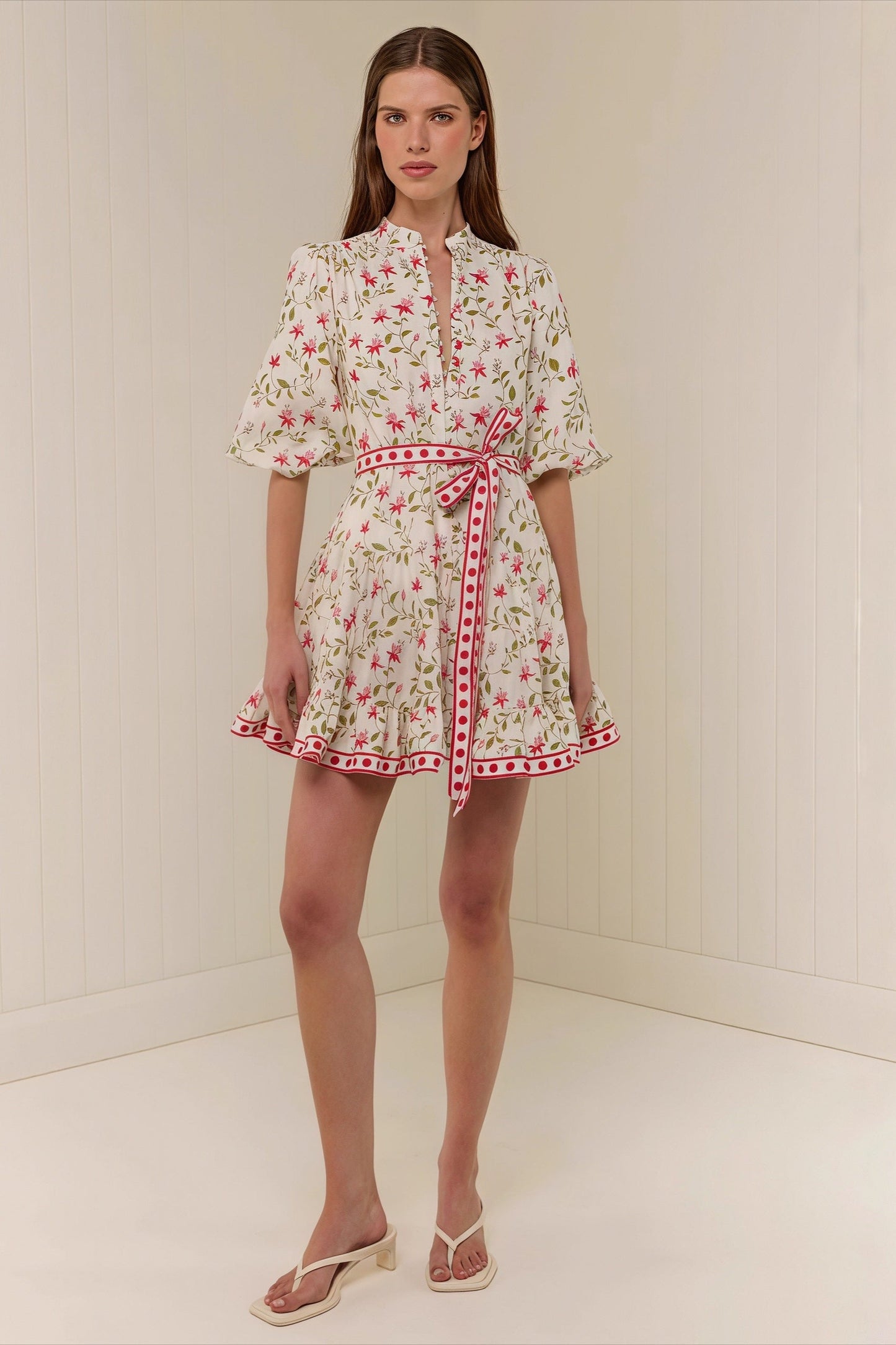 Floral Print Mandarin Collar Puff Sleeve Belted Ruffle Hem Mini Dress