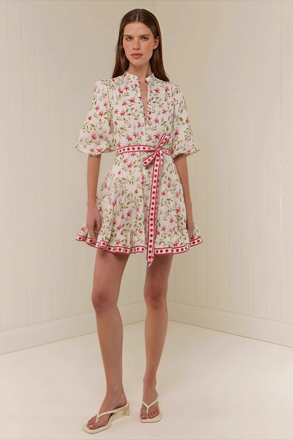 Floral Print Mandarin Collar Puff Sleeve Belted Ruffle Hem Mini Dress