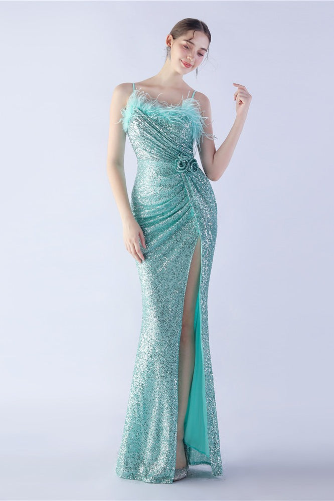 Ostrich Feather Embellished Maxi Dress