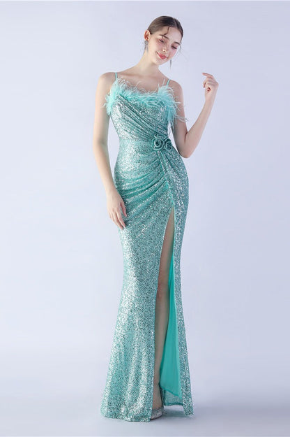 Ostrich Feather Embellished Maxi Dress