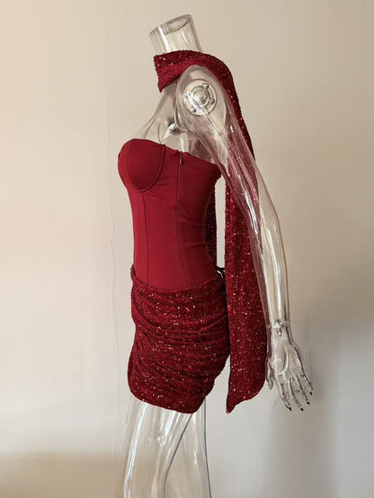 Sequin Corset Mini Party Dress With Scarf For Women 2026