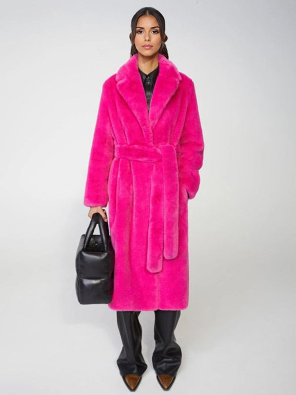 Longline Fux Fur Coat Notched Lapel Belted Eco-friendly Winter Jacket 2026