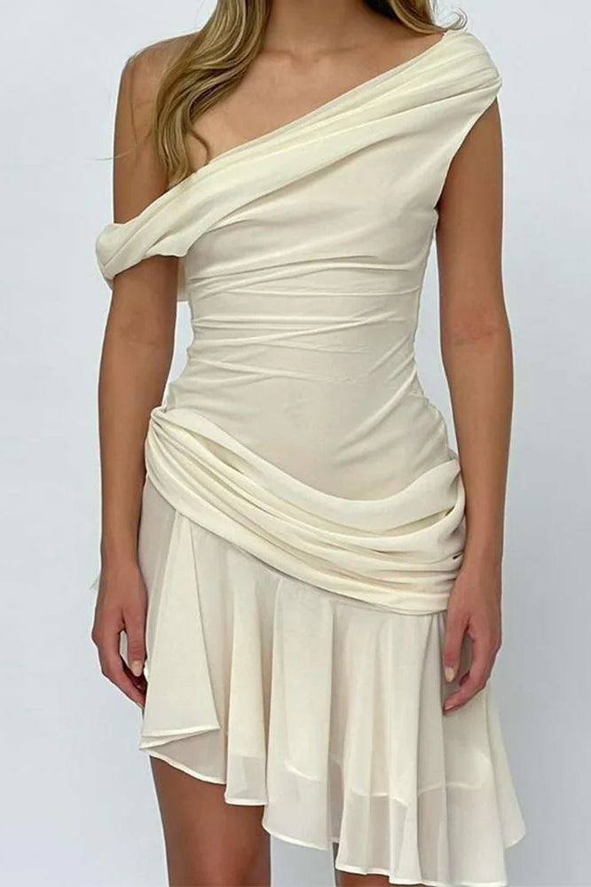 One-Shoulder Ruched Mesh Layered Flutter Asymmetrical Hem Mini Dress