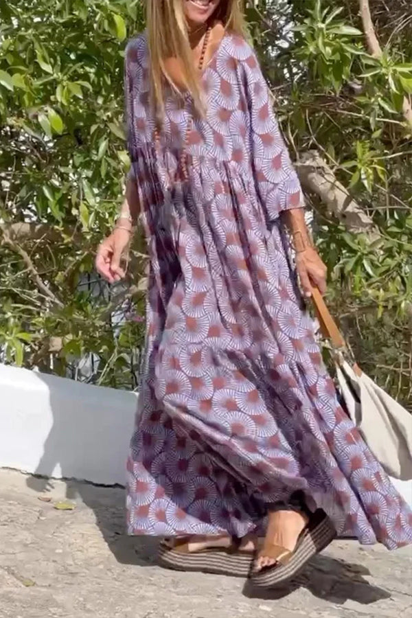 Floral Printed Plunging Half Sleeves Loose Maxi Dresses