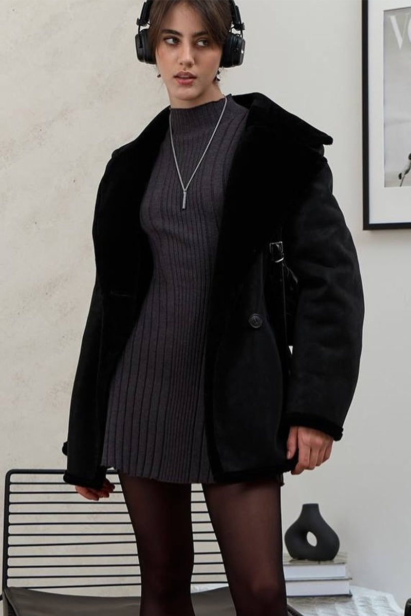 Rib-Knit Mock Neck Long Sleeve A-Line Mini Sweater Dress