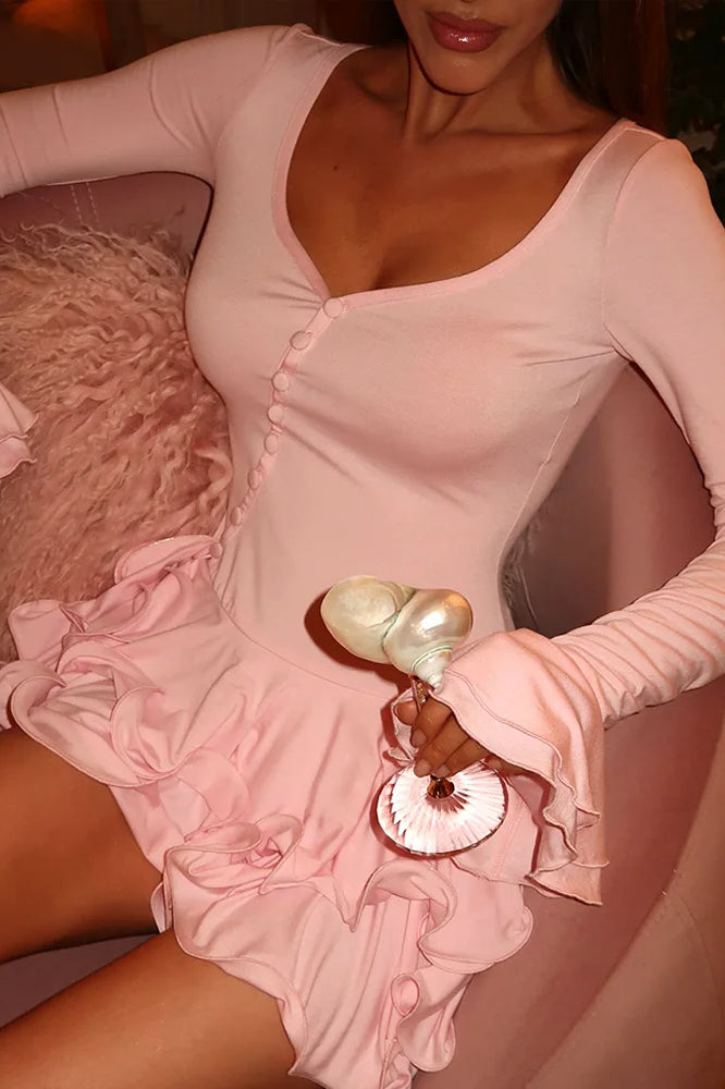 Contrast Trim Button Placket Tiered Ruffle Long Sleeve Mini Dress