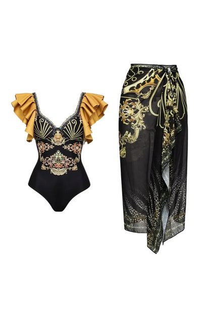 Black Gold Ruffle Swimsuit Set