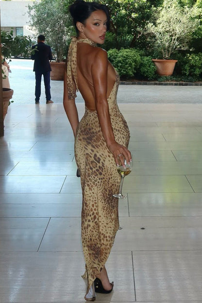 Leopard Halter Tie Back Asymmetrical Maxi Dress