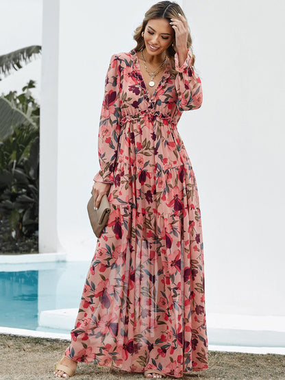 Floral Boho Maxi Dress For Women - High Waist Long Sleeve Ruffle V-Neck Gown - Spring Garden Wedding Guest 2026