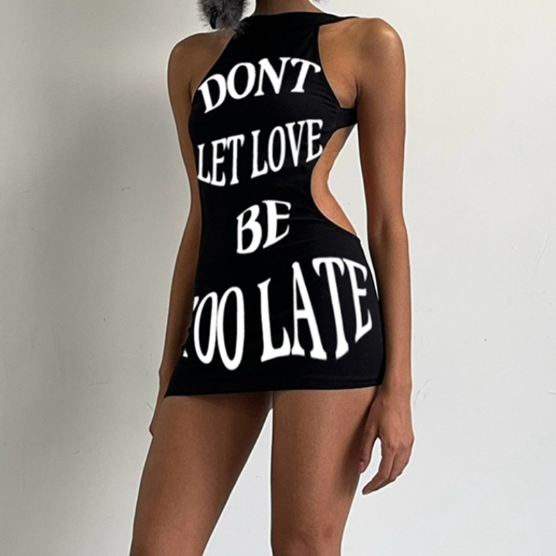 Crewneck sleeveless letter print hollow out cut out mini dress