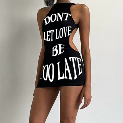 Crewneck sleeveless letter print hollow out cut out mini dress