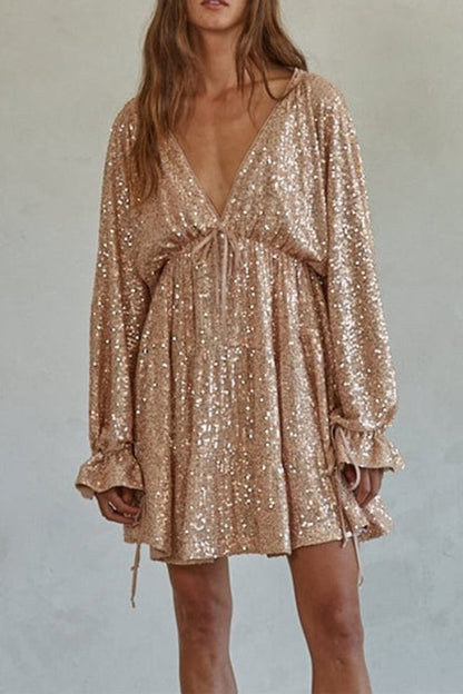 V Neck Balloon Sleeves Backless Drawstring Sequin Dress