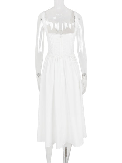 White Corset Dress Cutout Wide Strap Lace Trim Backless Cottagecore Midi Dresses