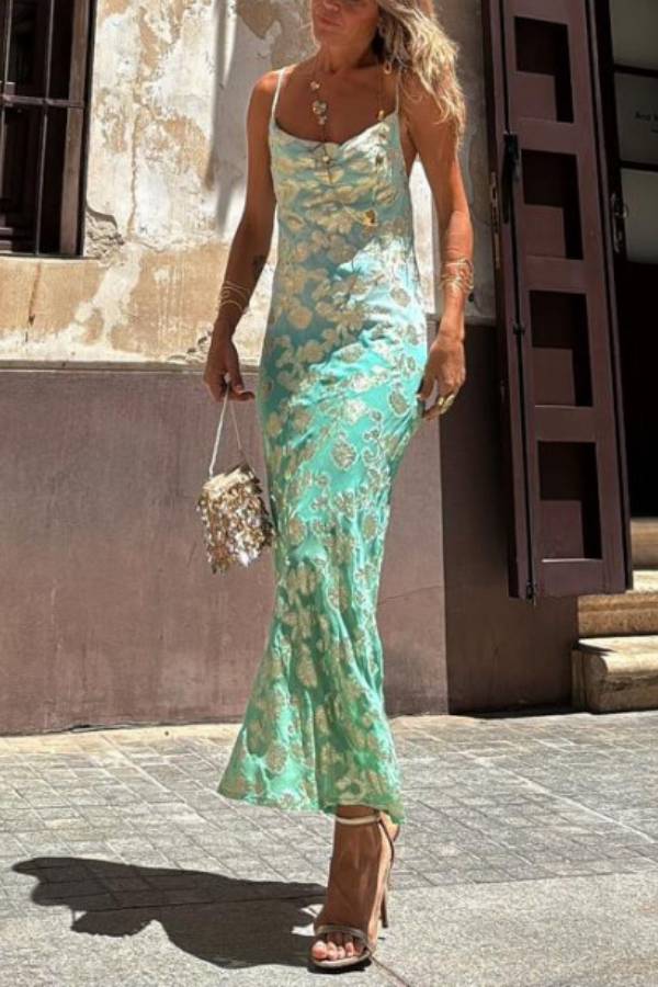 Tie Dye Ombre Gold Floral Print Sexy Strappy Maxi Dress