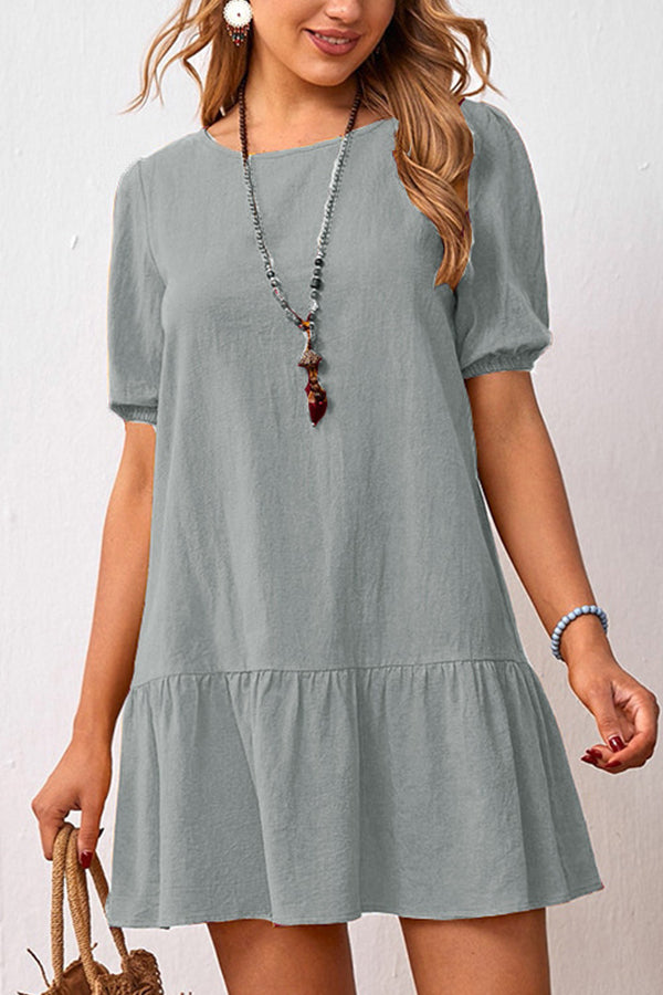 Solid Color Loose Waist Cotton Linen Round Neck Dress