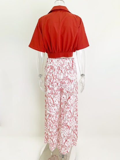 Pant Set Floral Short Sleeves V-Neck Wide Leg Casual 2 Pieces Set