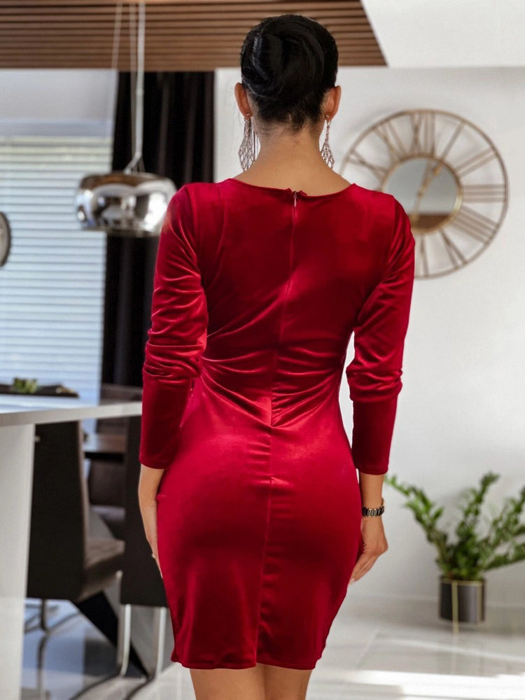 Knotted Velour Casual V-Neck Long Sleeves Midi Dress