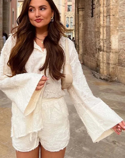 Yellow Feather Drawstring Shorts Office Two Piece Set