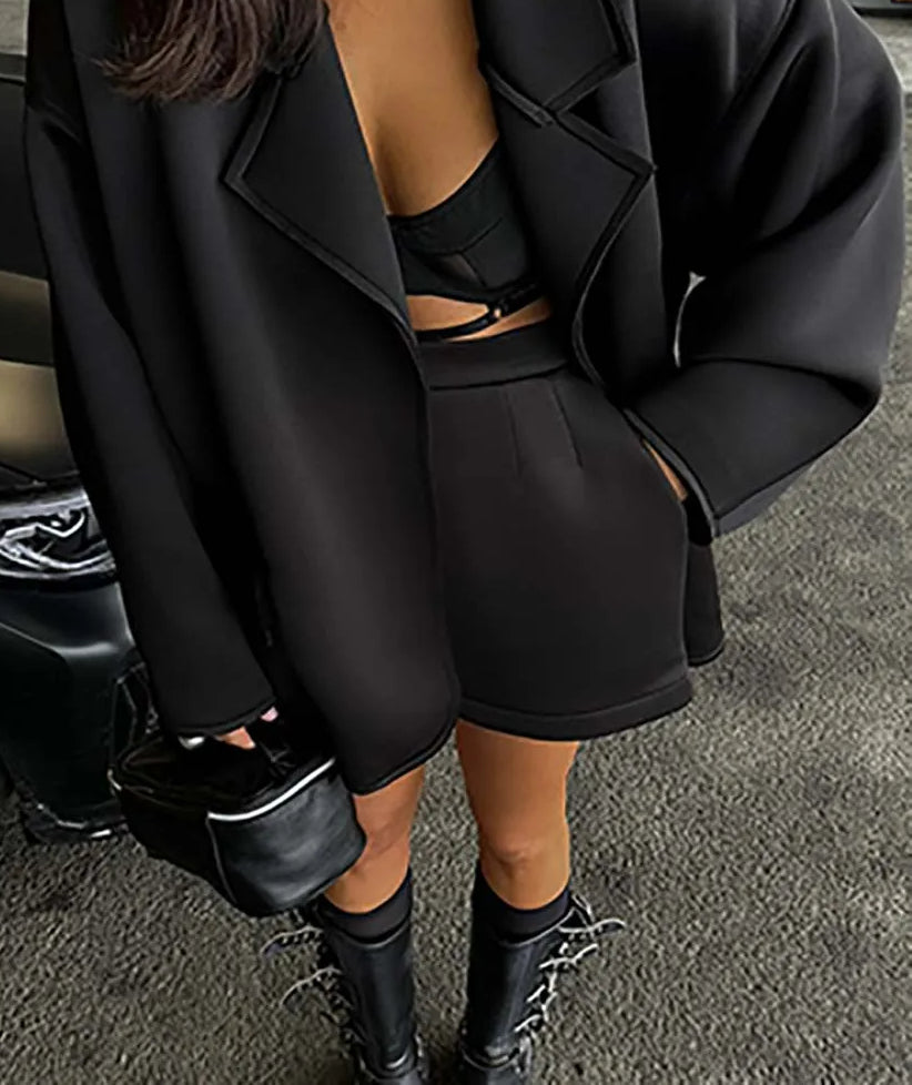 Black Knitting Loose Pockets Shorts Office Two Piece Set