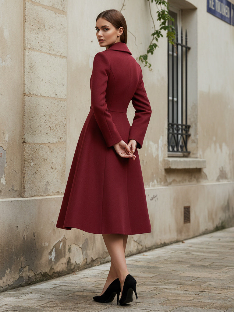 Double-Breasted Wool Blend Midi Coat With Flared A-Line Silhouette For Women 2026