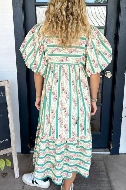 Multicolor Boho Floral Striped Tie V Neck Long Dress