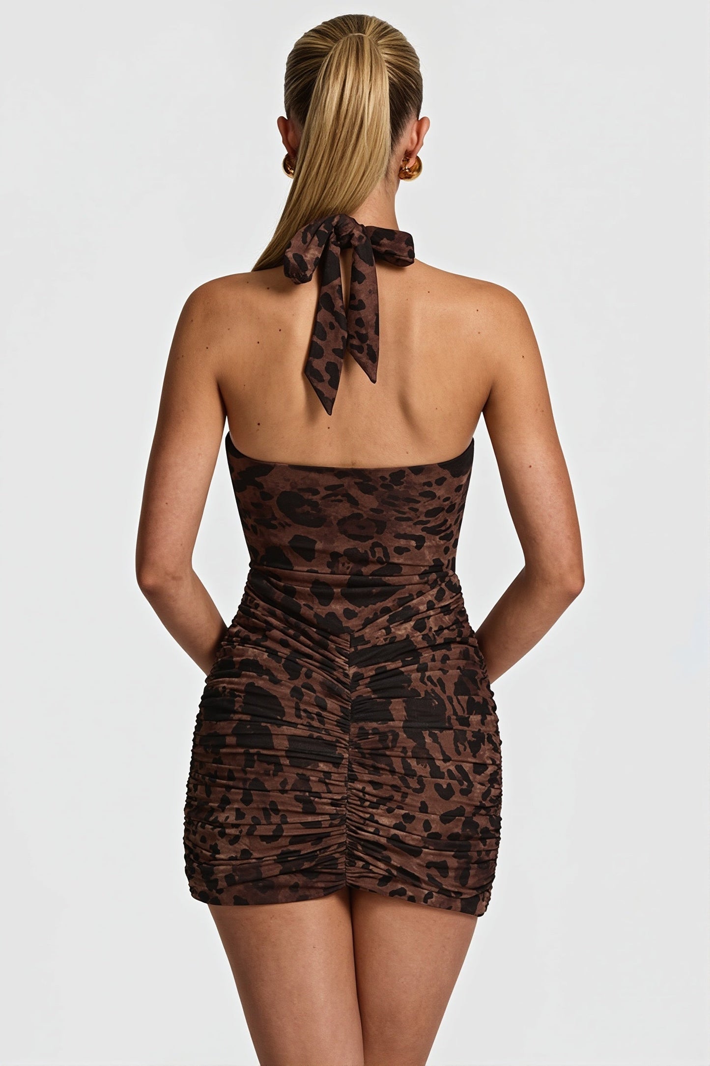 Print Deep V-Neck Ruched Waist Sash Halter Bodycon Mini Dress