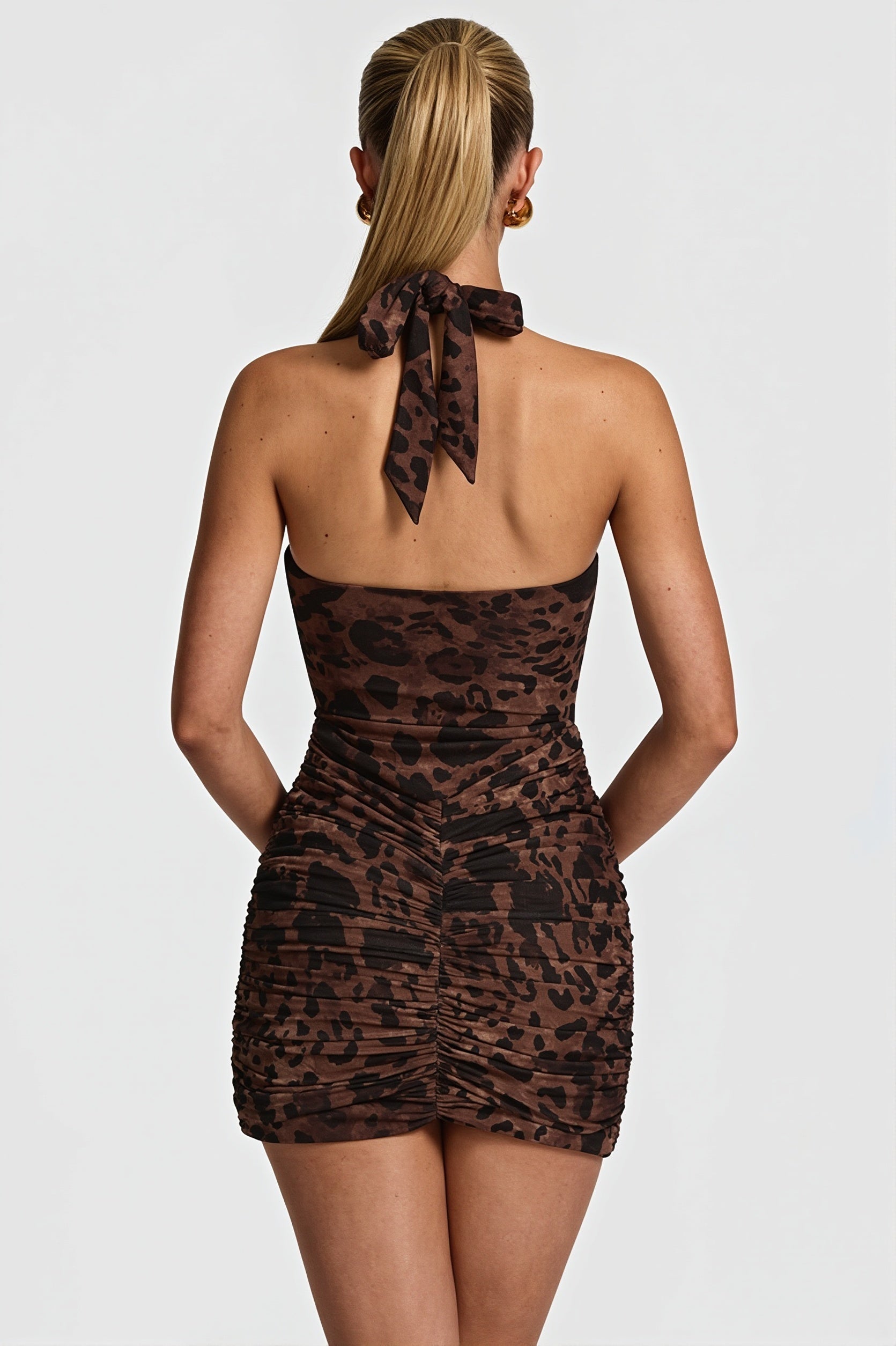 Print Deep V-Neck Ruched Waist Sash Halter Bodycon Mini Dress