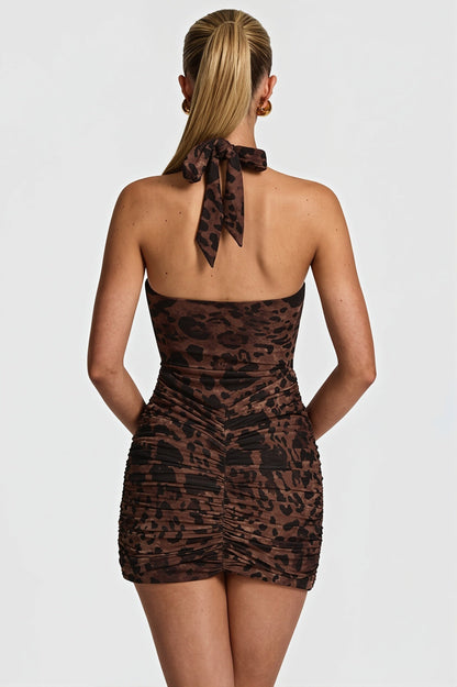 Print Deep V-Neck Ruched Waist Sash Halter Bodycon Mini Dress