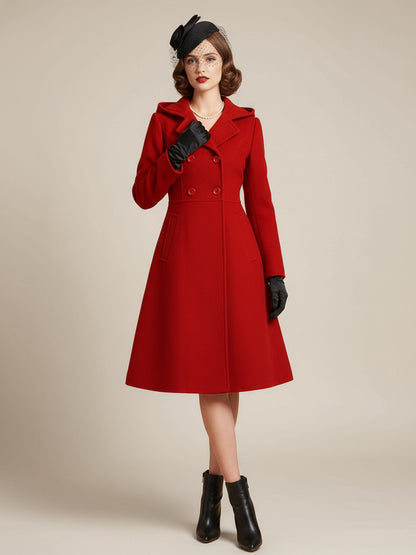 Vintage Hooded A-line Double-breasted Woolen Midi Coat For Women 2026