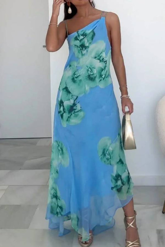 Elegant One-shoulder Printed Chiffon Dress