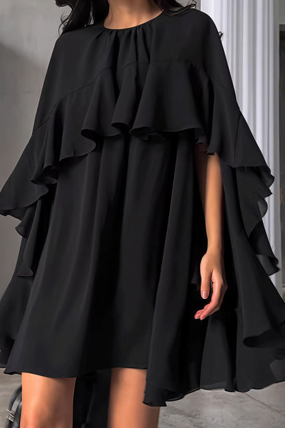 Tiered Ruffle Cape Sleeve Crew Neck Shift Mini Dress